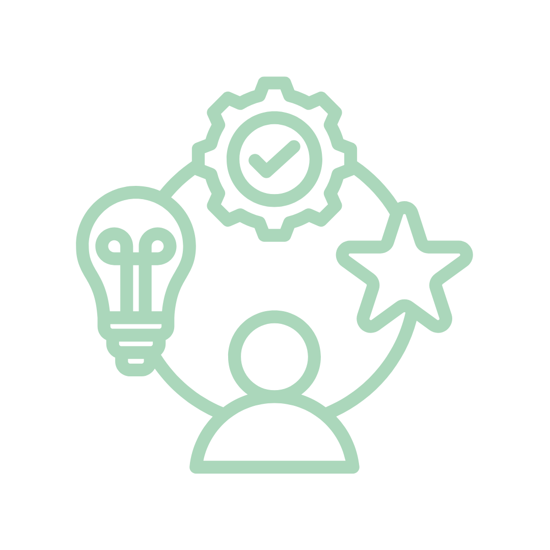 An icon featuring a person surrounded by a lightbulb, a star, and a cog with a checkmark, symbolising expertise, creativity, and strategic execution.