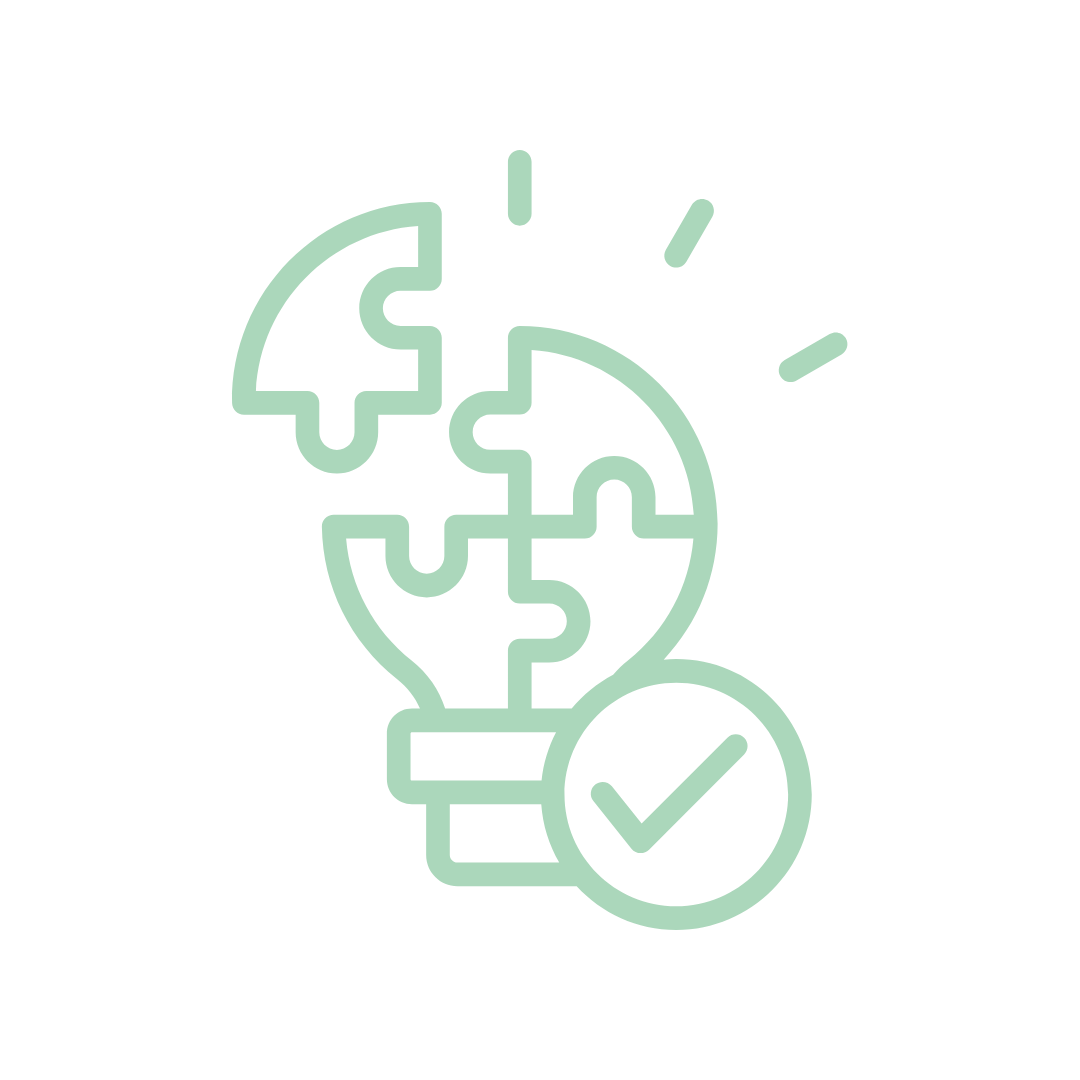A puzzle piece lightbulb with a checkmark, representing analytical problem-solving and strategic decision-making.