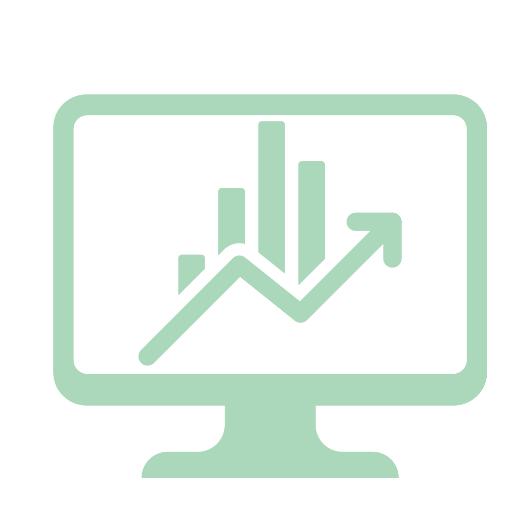 A computer monitor displaying a bar graph and an upward trend arrow, symbolising data-driven performance and business growth.