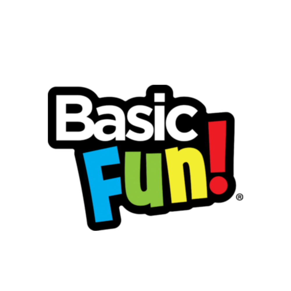 The Basic Fun! logo features bold black text for "Basic" and multicoloured letters for "Fun!" in blue, green, yellow, and red, with an exclamation mark, set against a white circular background.