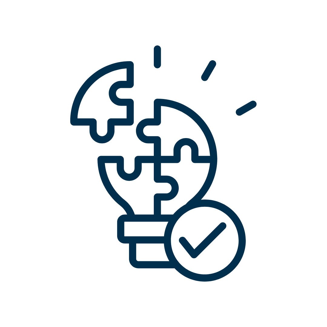 A puzzle piece lightbulb with a checkmark, representing analytical problem-solving and strategic decision-making.