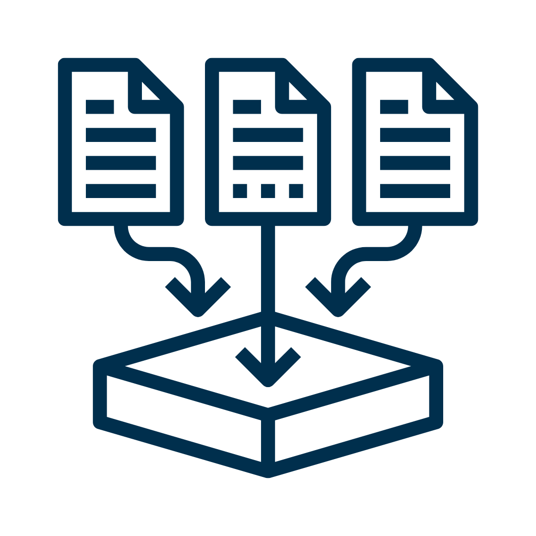 An icon representing data aggregation, showing three documents merging into a single platform.